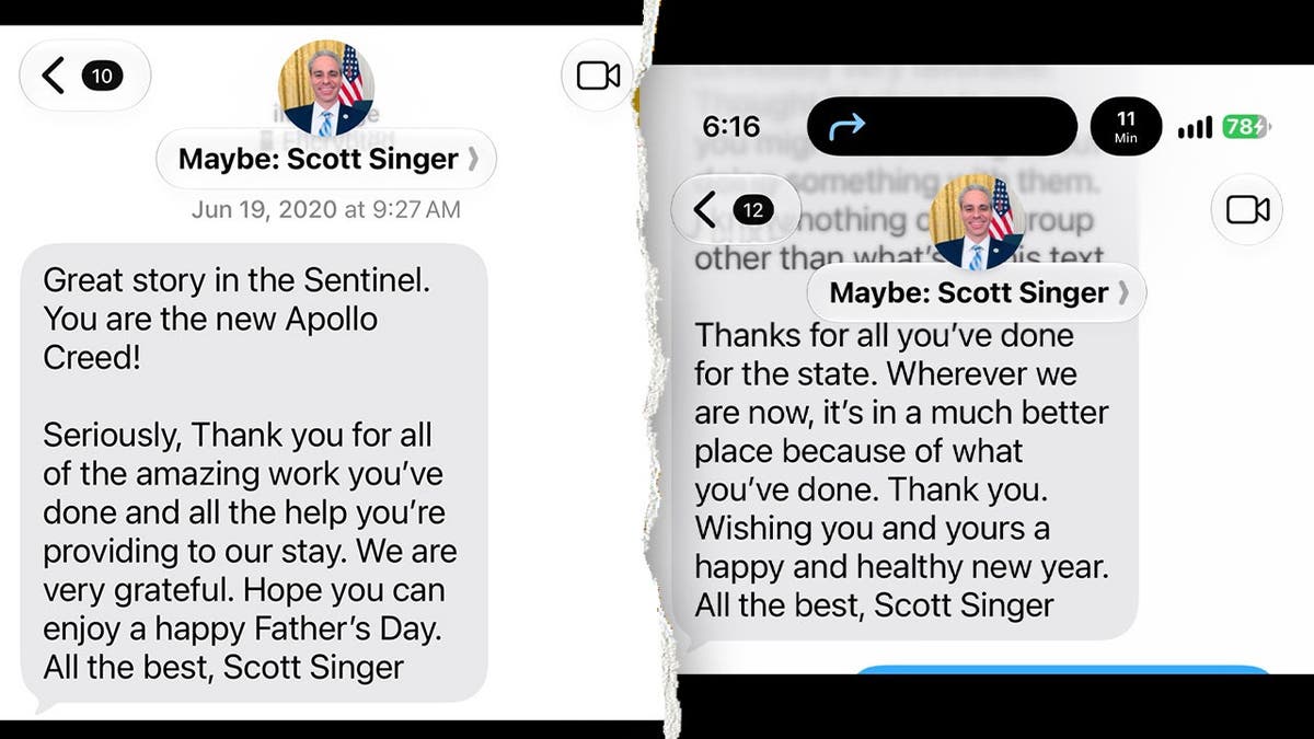 Text messages from Scott Singer, sent to Jared Moskowitz