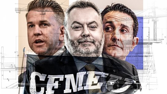 Queensland Deputy Premier Jarrod Bleijie, CFMEU Inquiry Commissioner Stuart Wood KC, and Premier David Crisafulli.