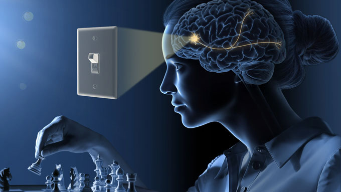 An illustration of a light switch and the brain of a person playing chess.