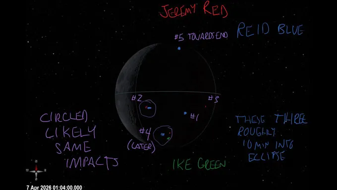 The moon is a barely visible dark circle in the middle of the image. Hand-written notes in four colors mark where the astronauts saw impact flashes.