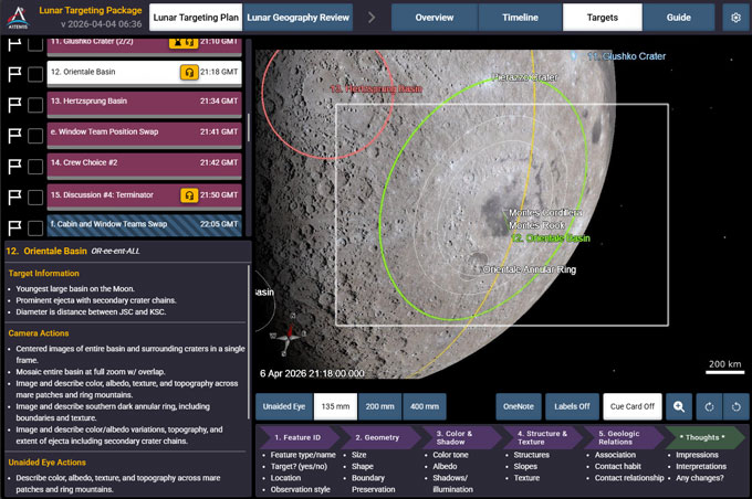 A screenshot of a computer user interface, with a marked up image of the moon dominating the center and lists of possible observations and instructions in panels on the left and the bottom.