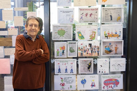 A gallery of his own: Artist Rob Lymer with some of his cartoons displayed on the Barwon Health home dialysis unit’s walls.