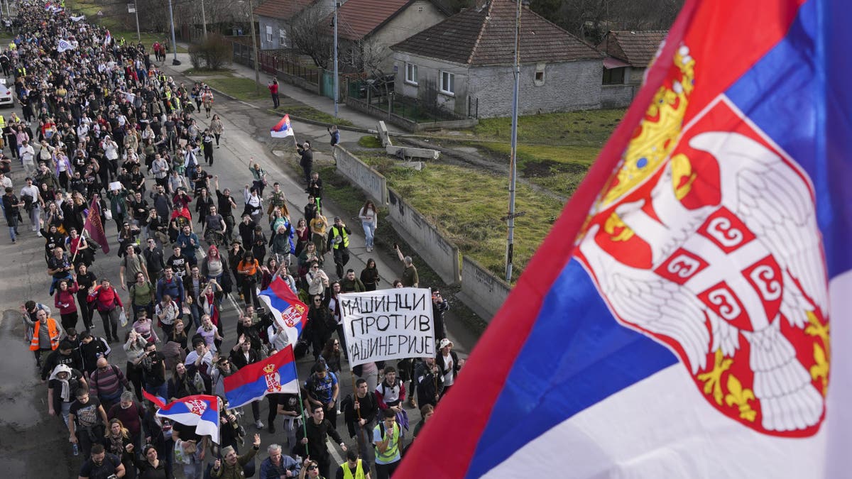 Students walk on the road towards the northern city of Novi Sad, where they will participate in a 24 hour block of three bridges to protest the deaths of 15 people killed in the November collapse of a train station canopy, near the Belgrade suburb of Batajnica, Serbia, Thursday, Jan. 30, 2025. 