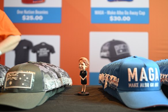 One Nation merchandise on sale at the party’s campaign launch for the state election.