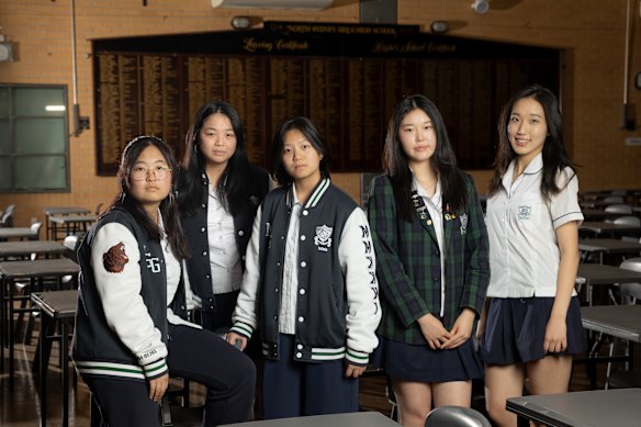  North Sydney Girls High School students Jia Yoon, Sophie Zhu, Felicia Wu, Angelina Chen, and Annie Chen after the HSC mathematics extension 2 exam.