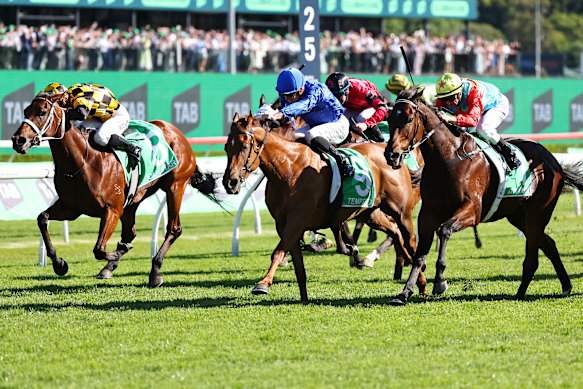 Jockey Chad Schofield rides Tempted to victory this month in The Everest, the showpiece of Sydney’s spring carnival.