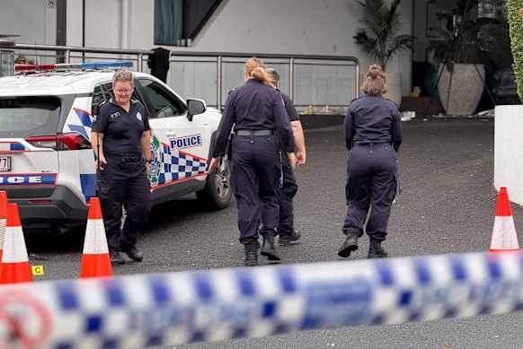 Police at the scene of the Loganholme shooting on Sunday.