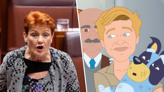 Pauline Hanson and a carton sketch of Robert Irwin