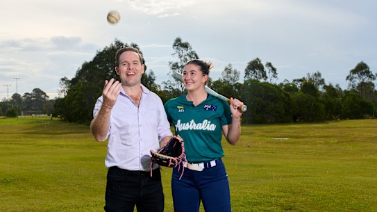 Logan Mayor Jon Raven and Australian international softballer Kayla Waller at the site of what they hope will be the baseball and softball stadium at Brisbane 2032.