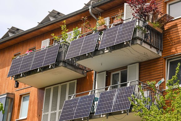 Portable solar panels on apartment balconies in Freiburg, Germany.