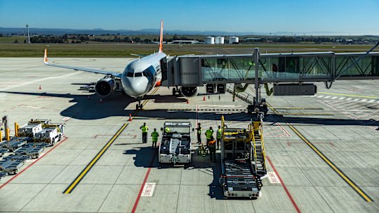 Western Sydney Airport during the trial arrival of a Jetstar flight.