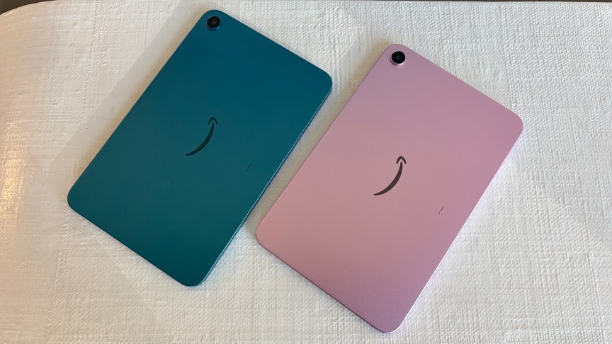 The backside of the pink- and teal-colored 8.7-inch Alexa Tablets.