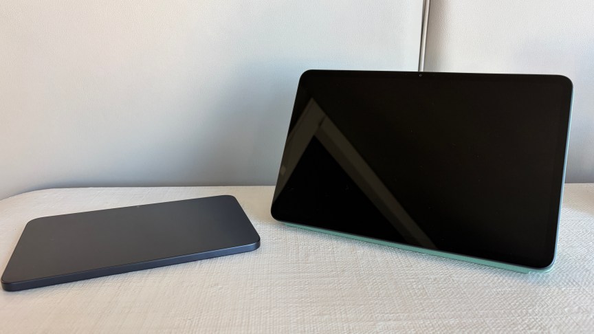 The Alexa Tablet 8, pictured left, lays flat on the table. The Alexa Tablet 11, pictured right, stands up on its kickstand.