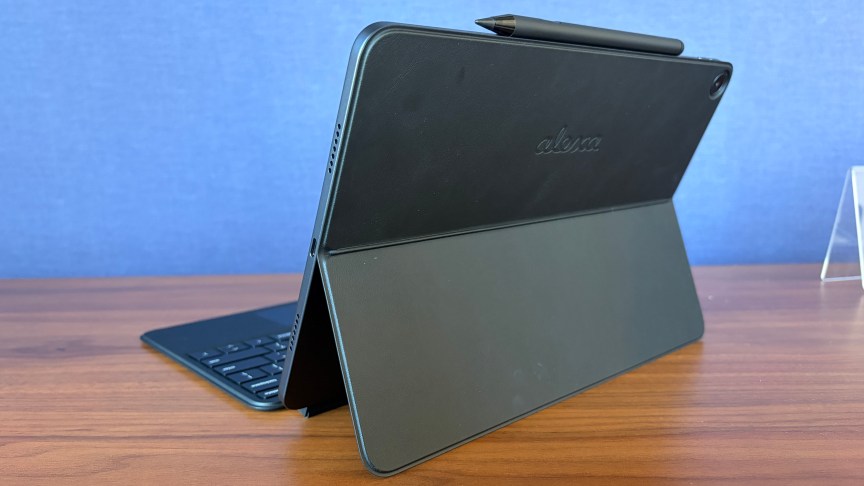 The Amazon Alexa Tablet 12 Pro as seen from behind, with the kickstand opened and the keyboard connected.