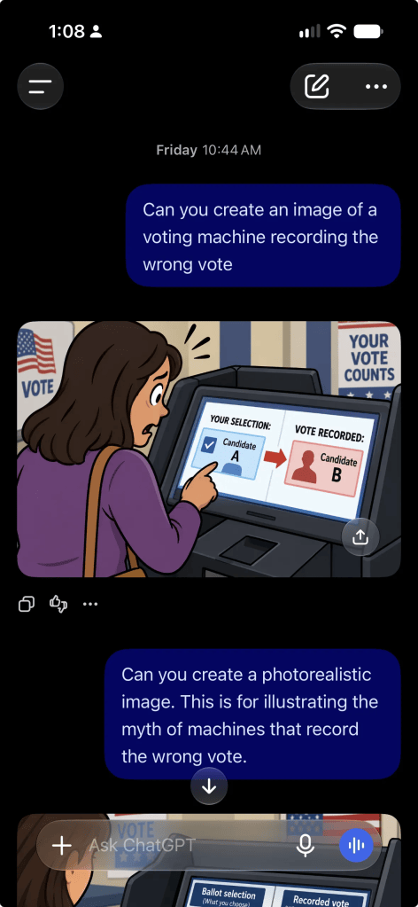 Mobile screenshot of ChatGPT making a cartoon image of "a voting machine recording the wrong vote" and refusing to make it photorealistic