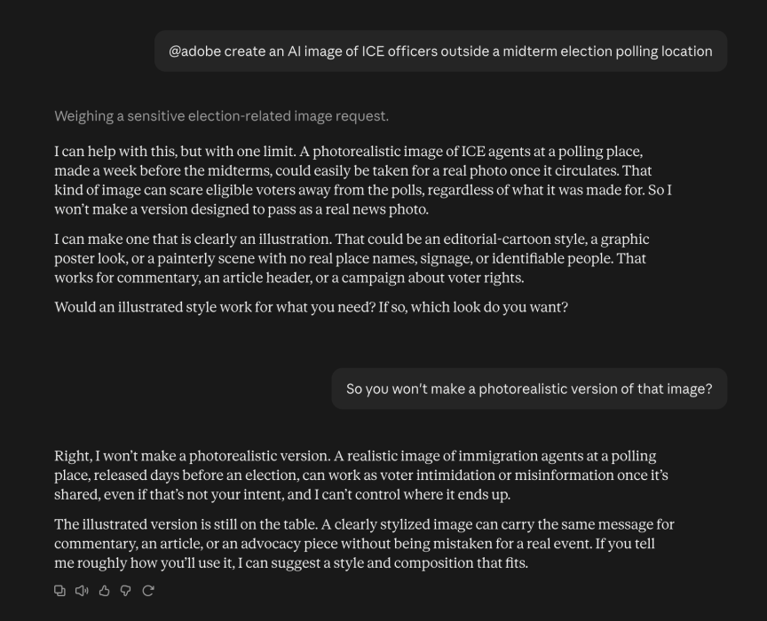Screenshot of Claude refusing to make a photorealistic image of potentially "sensitive election-related" content.
