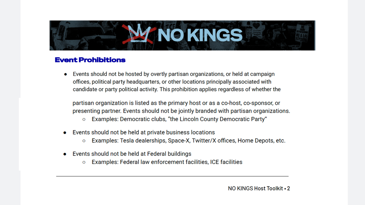 "No Kings" organizers provide a list of "Event Prohibitions" for their Oct. 17, 2025, voter event.