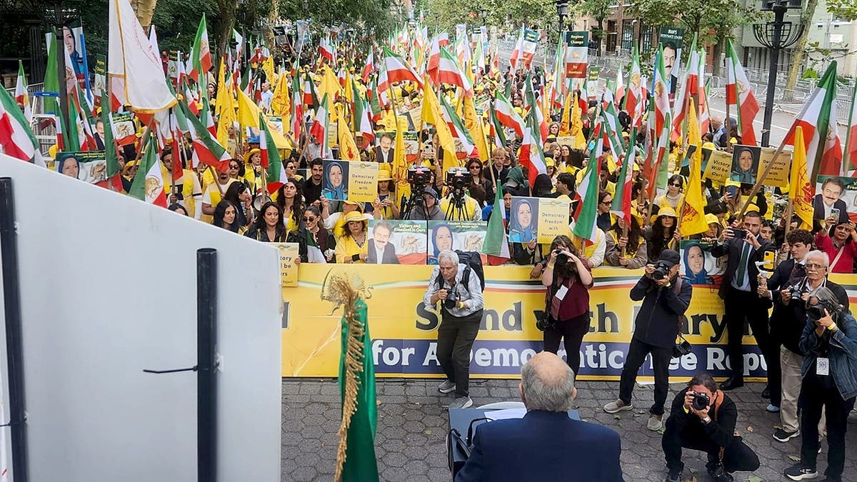 "Free Iran" protests are held outside the U.N. during the United Nations General Assembly Wednesday.