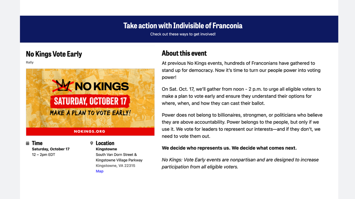 The Kingstowne, Va., chapter of Indivisible promotes its Oct. 17, 2026, 