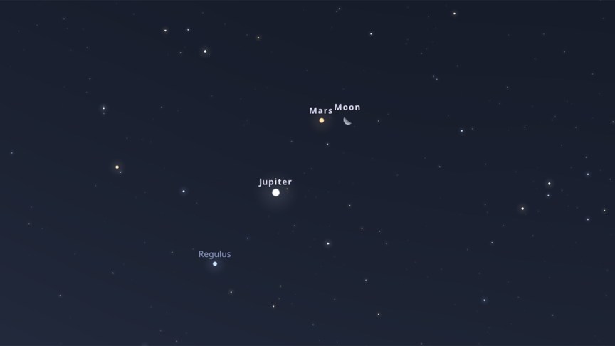 Jupiter, Mercury, Mars and Regulus together in the night sky.