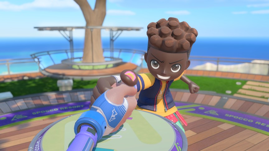 A Nintendo Mii avatar thumb wrestling in the game Switch Sports Resort
