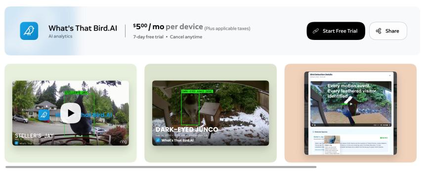 Ring bird watching app shown on website.