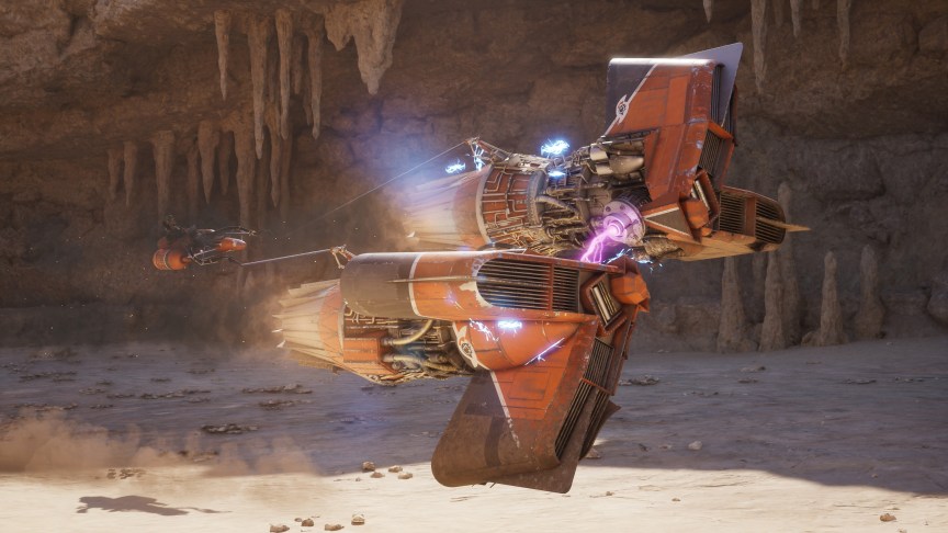 An artsy screenshot of a podracer, piloted by Sebulba from Star Wars Episode 1, racing against a desert background.