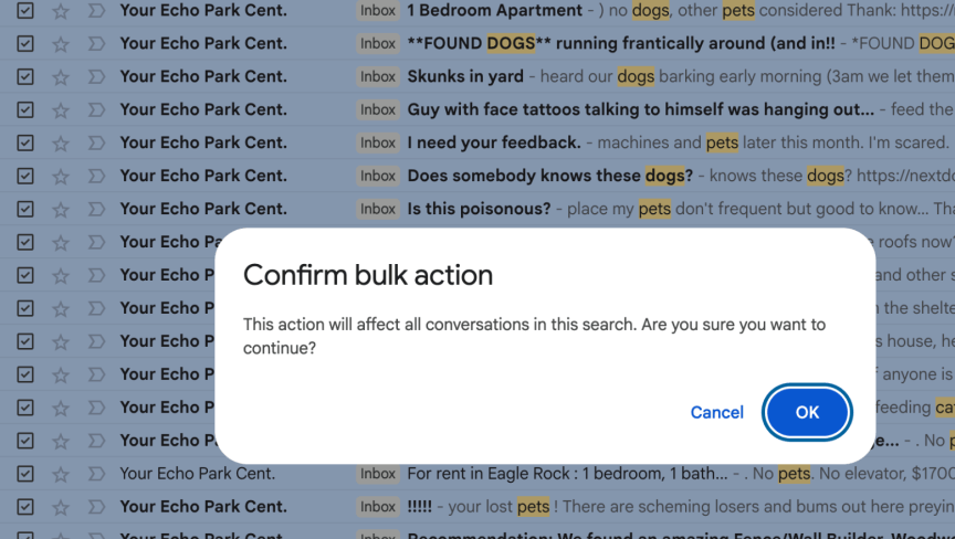 A screenshot of Gemini going through my Gmail and marking all similar emails for deletion
