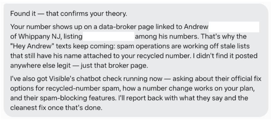 A screenshot of a response by AI agent Meta Muse when I asked it to help me figure out why I keep getting texts meant for "Andrew"