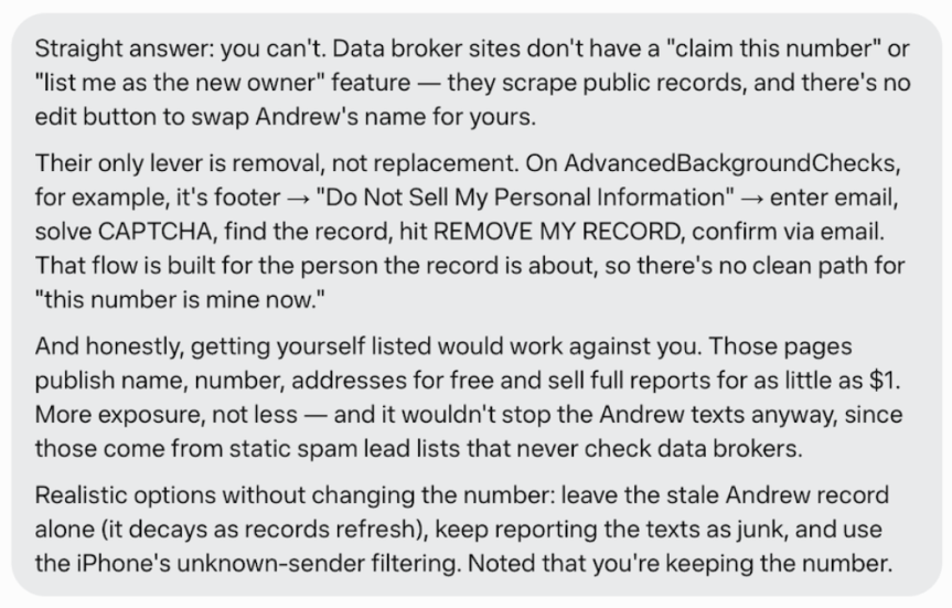 A screenshot of a response by AI agent Meta Muse when I asked it to help me figure out why I keep getting texts meant for "Andrew"