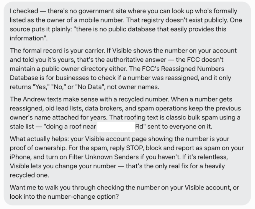 A screenshot of a response by AI agent Meta Muse when I asked it to help me figure out why I keep getting texts meant for "Andrew"