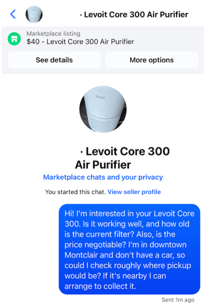 A screenshot of Meta Muse AI agent shopping online for me on Facebook Marketplace for an air purifier