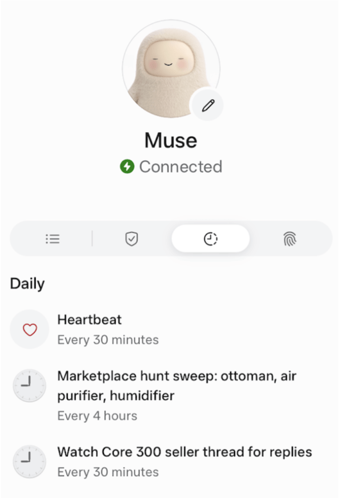 A screenshot of setting up the Meta Muse AI agent to sweep Marketplace every 4 hours for an ottoman, air purifier and humidifier