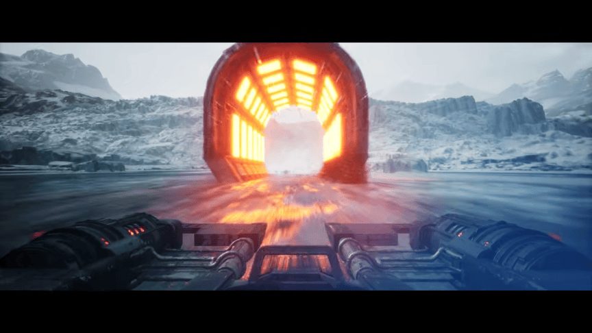 A screenshot from a game showing a first-person perspective of a racing vehicle speeding over ice and toward a lit-up tunnel.