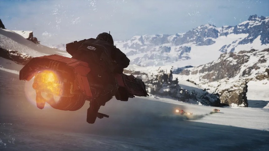 A screenshot of a game wherein a driver on a hovering bike races on a snowscape to catch up to rivals.