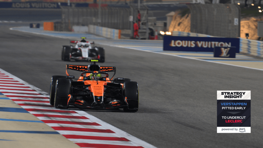 Two F1 cars on the track, with an on-screen insight about an undercut