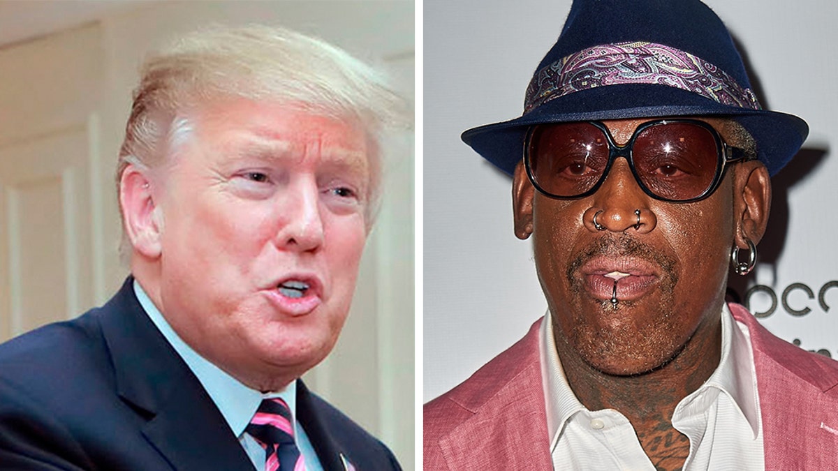 A split image showing President Trump and Dennis Rodman.