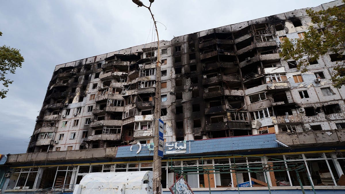 A residential building damaged from Russian attacks is seen during a local ceasefire related to a humanitarian aid mission in Oleshky, in Kherson, Ukraine, Thursday, Oct. 29, 2026.