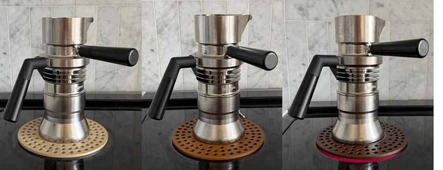 Three images of the 9Barista espresso maker showing how the hot plate that sits underneath it changes color as the stovetop temperature rises.