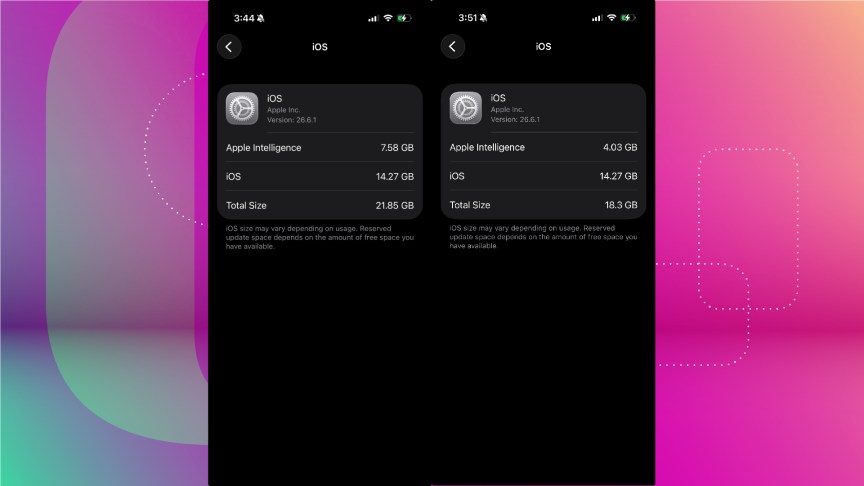 The Storage page before and after Apple Intelligence is disabled on iOS 26.