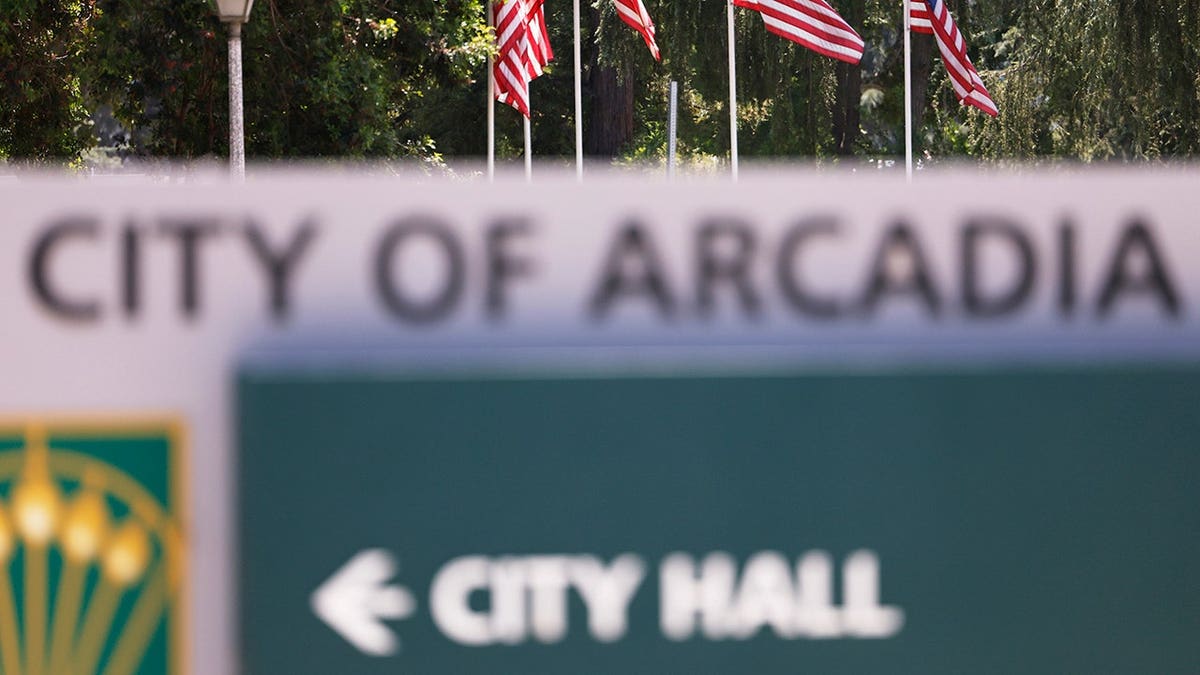 Eileen Wang American flags fly outside Arcadia City Hall in California.