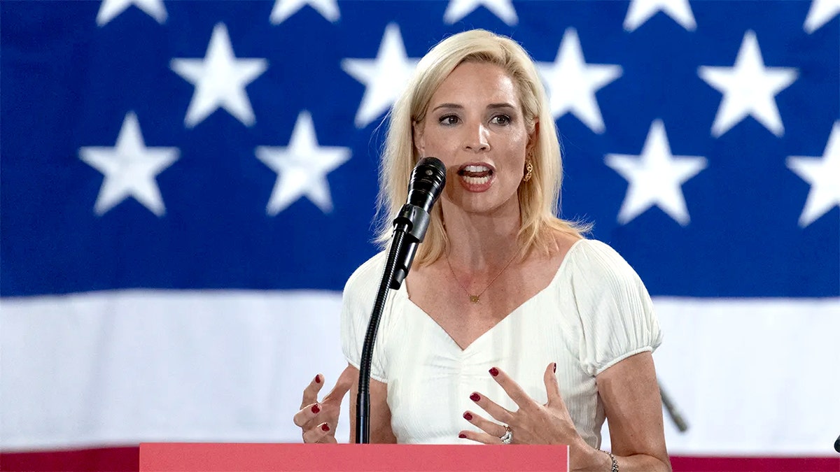 Rep. Ashley Hinson of Iowa speaks during a rally