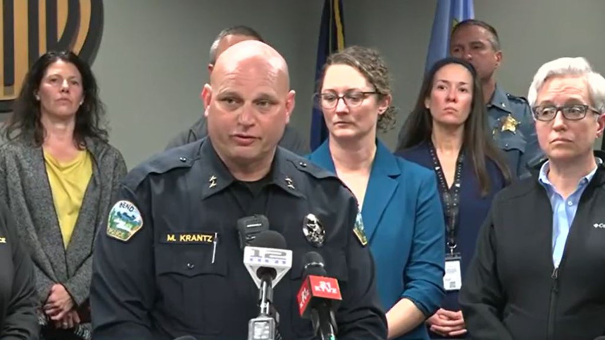 Bend Police Department Chief Mike Krantz provides an update on a deadly shooting at Silver Rail Elementary School in Bend, Ore., Thursday, Oct. 16, 2026.