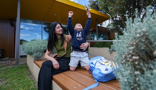 Sophia and her son Alessio, 4, from the Chelsea kindergarten. Sophia sees benefits in having shorter days at kinder.