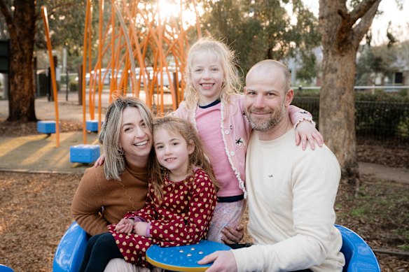 Poppy Stevens, 5, (front, centre) and her mum Ali, sister Evie, 7, and dad Ben. Poppy has a genetic condition called Usher syndrome which leads to hearing and vision loss.
