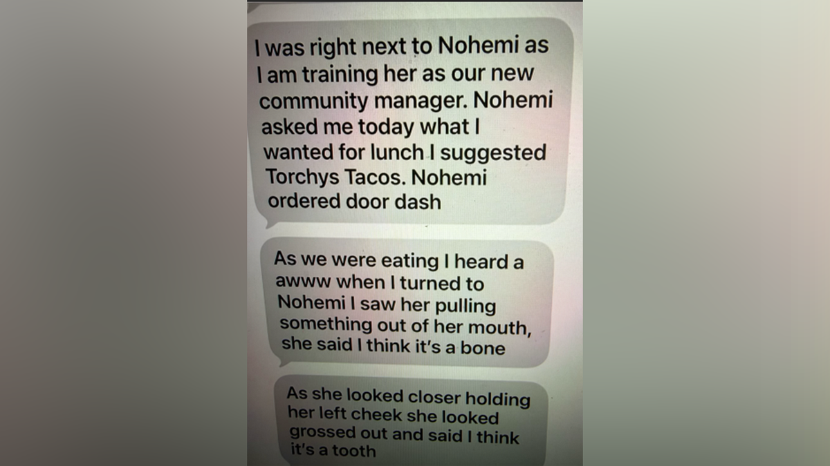 Witness statement describing cow tooth discovery in Torchy's taco