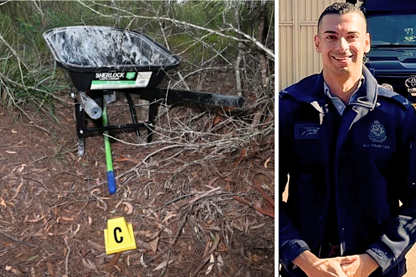 A wheelbarrow found at the Bungonia property and, right, Beau Lamarre-Condon.