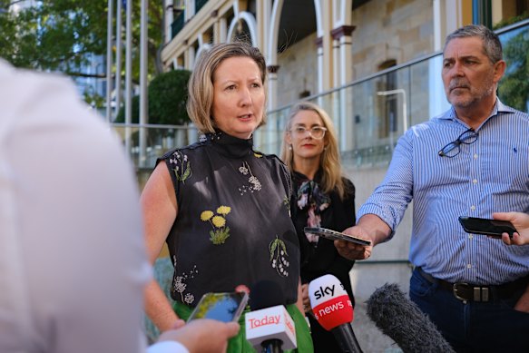 Youth Advocacy Centre chief executive Katherine Hayes outside Parliament House in May 2024 – criticising the then-Labor government over youth justice matters.