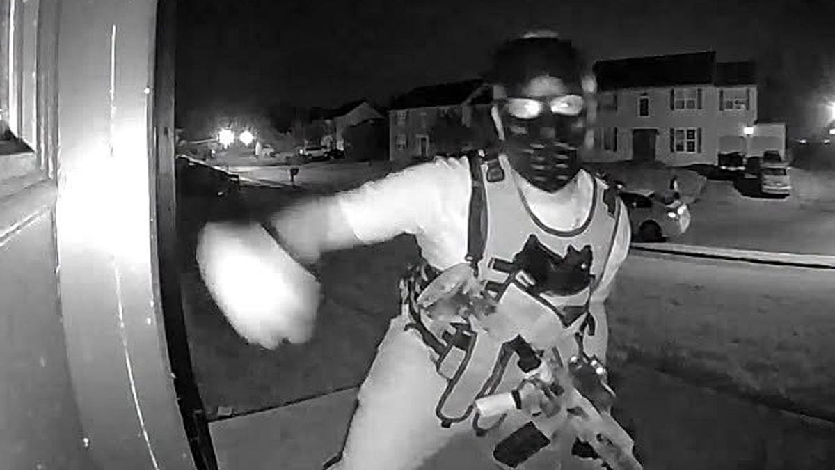A masked individual wearing a tactical-style vest and carrying what appears to be a rifle