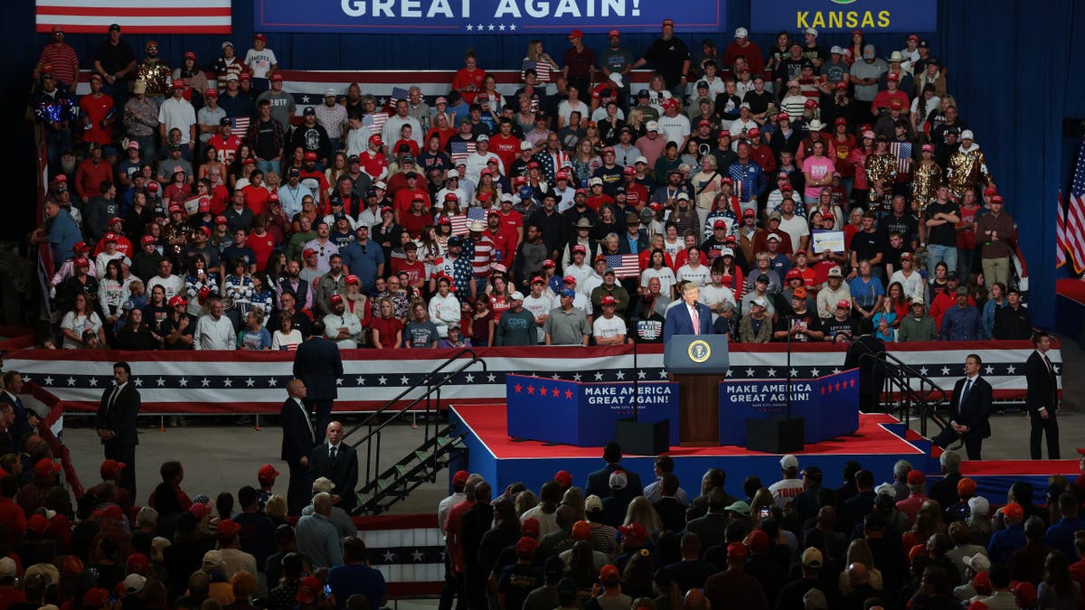 Donald Trump speaks at a campaign rally in Park City, Kansas.